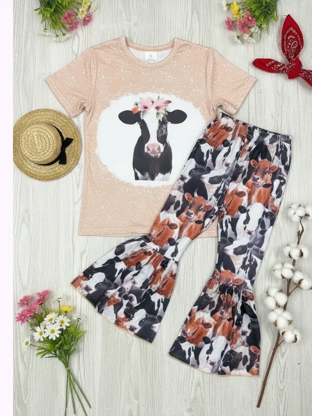 Kids Pink Cow Graphic Top and Flared Bottoms Set